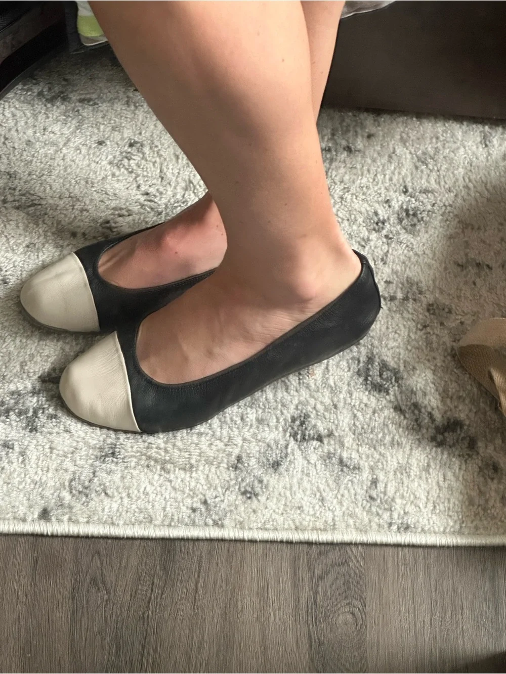 Lanvin Black Leather Flats with White Toe Caps